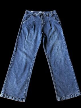 Women's high rise Wide-Leg Blue Denim Jeans with pleats